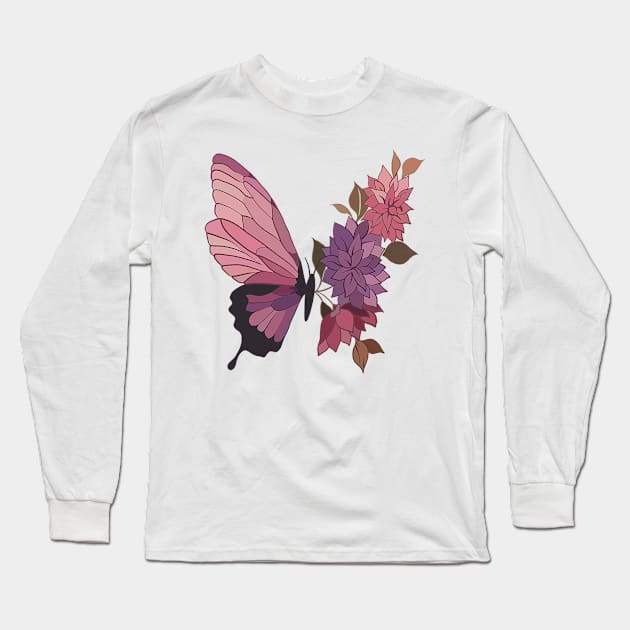 Pink Butterfly Long Sleeve T-Shirt by jenartfart